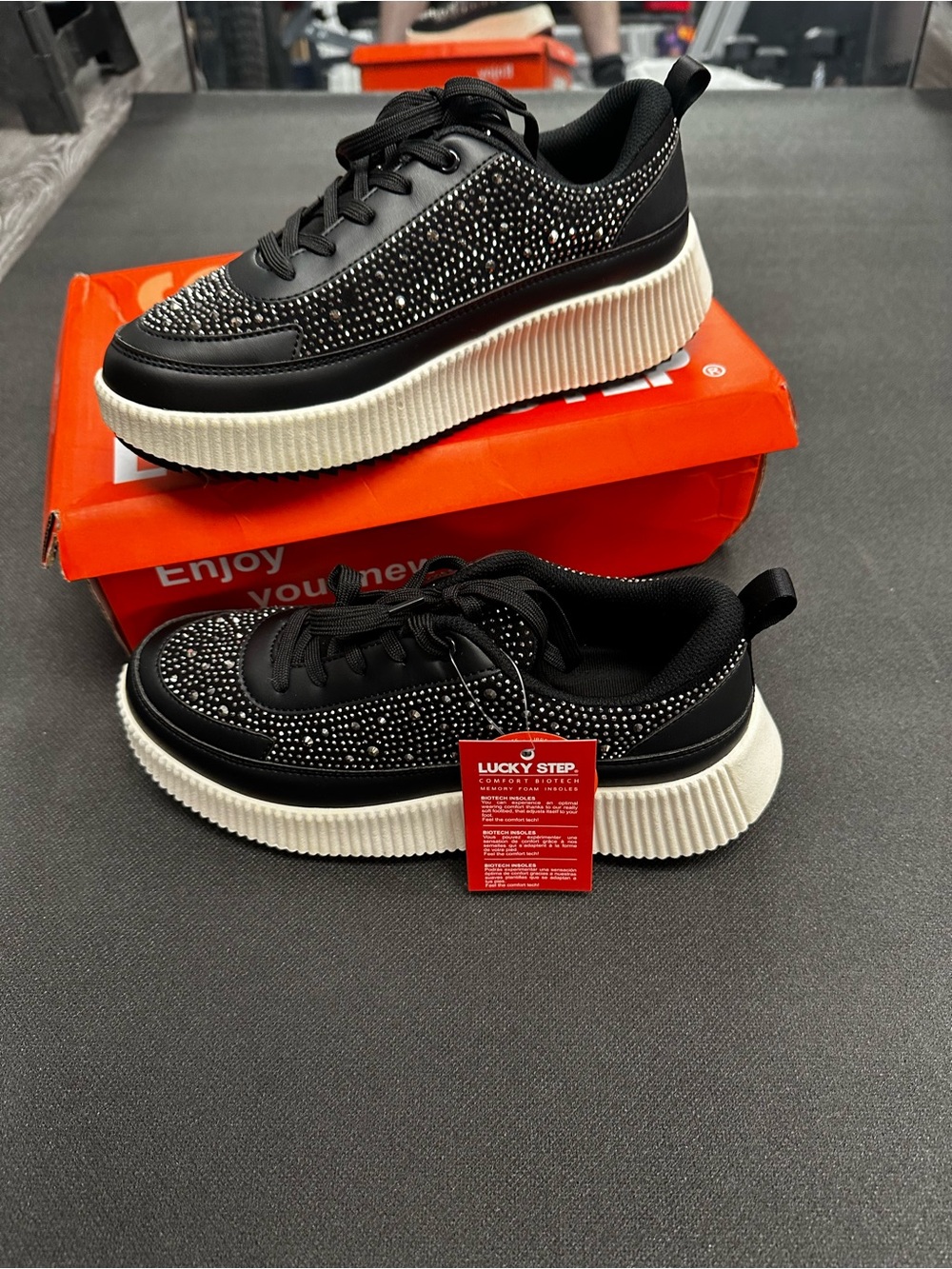 Lucky Brand Black Rhinestone Platform Sneakers with Cream Sole